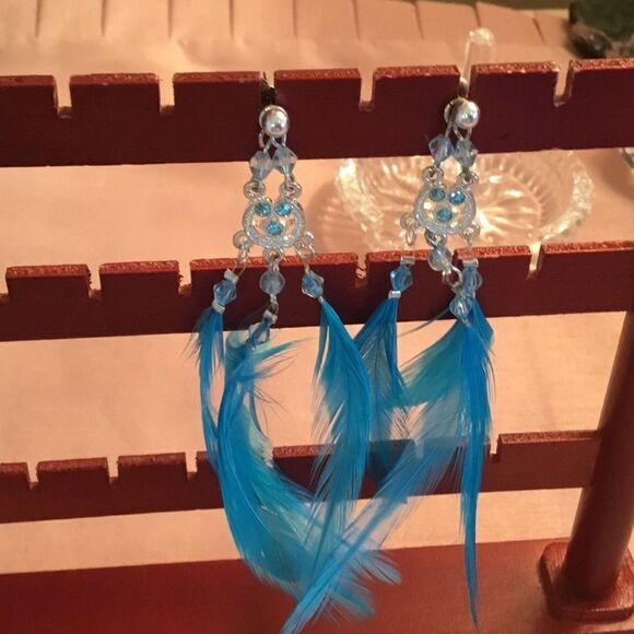Blue Crystal and fEather Earrings - Picture 1 of 4